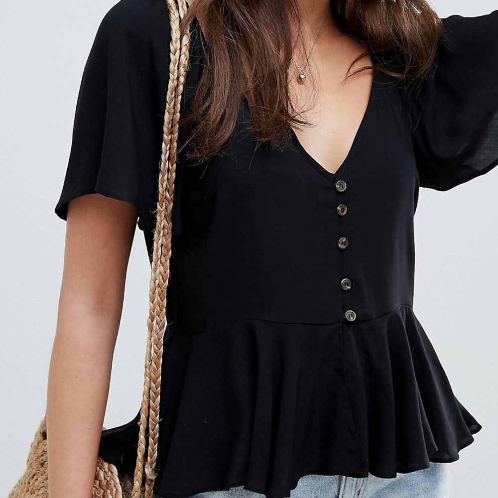 ASOS Black Peplum Tea Blouse with Button Front